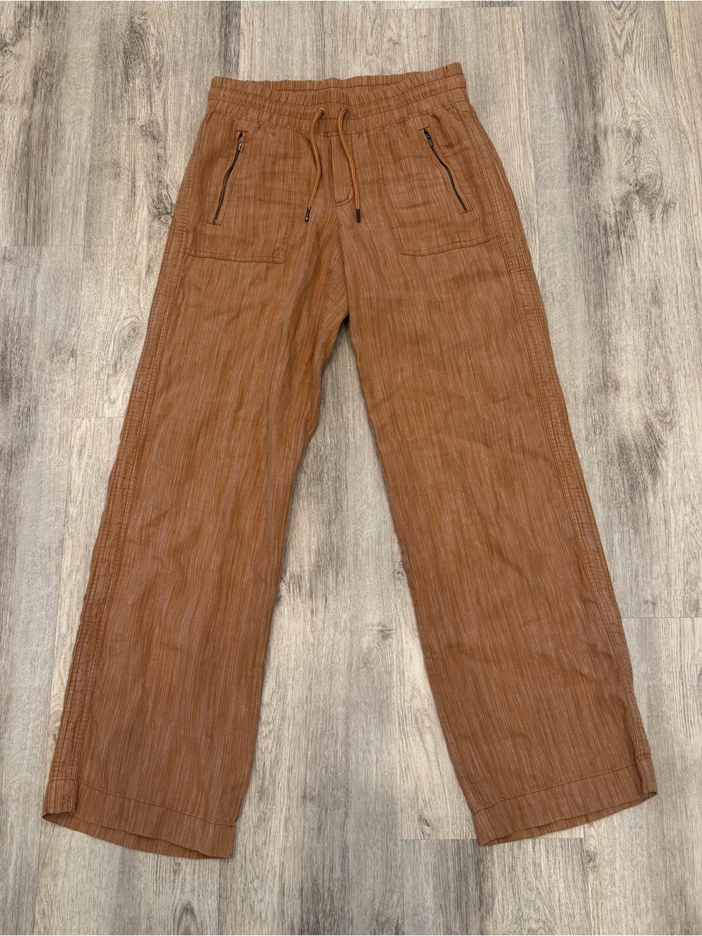 Athleta Cabo 100% Linen Textured Wide Leg Pants Size 6 Tall Brown
